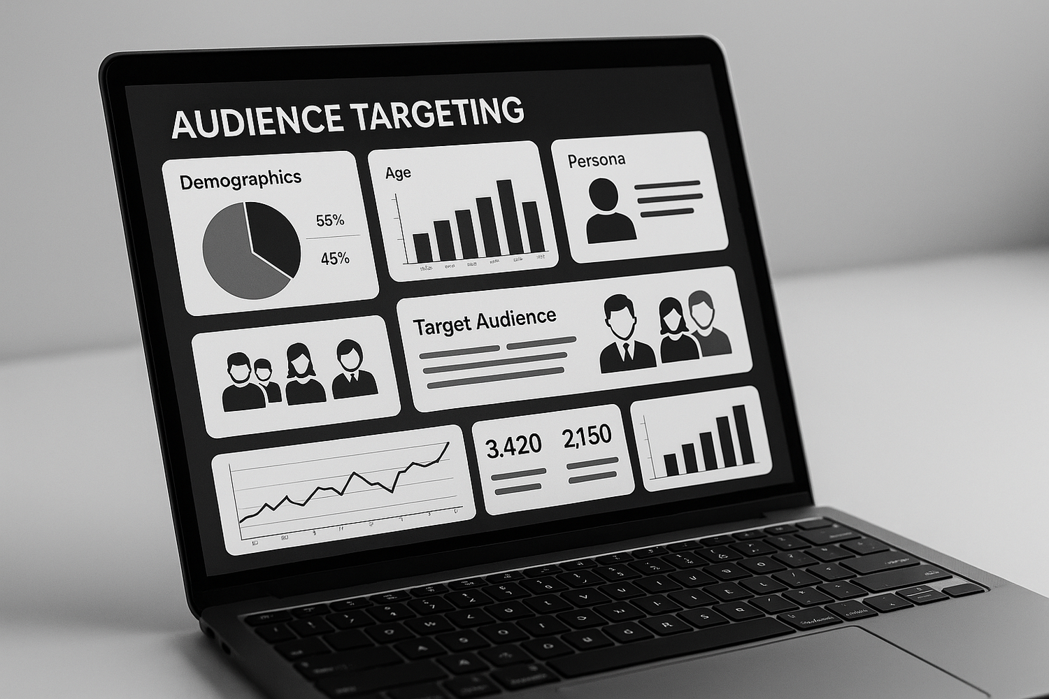 generate a black and white image of a showing on the laptop or computer screen audience targeting 