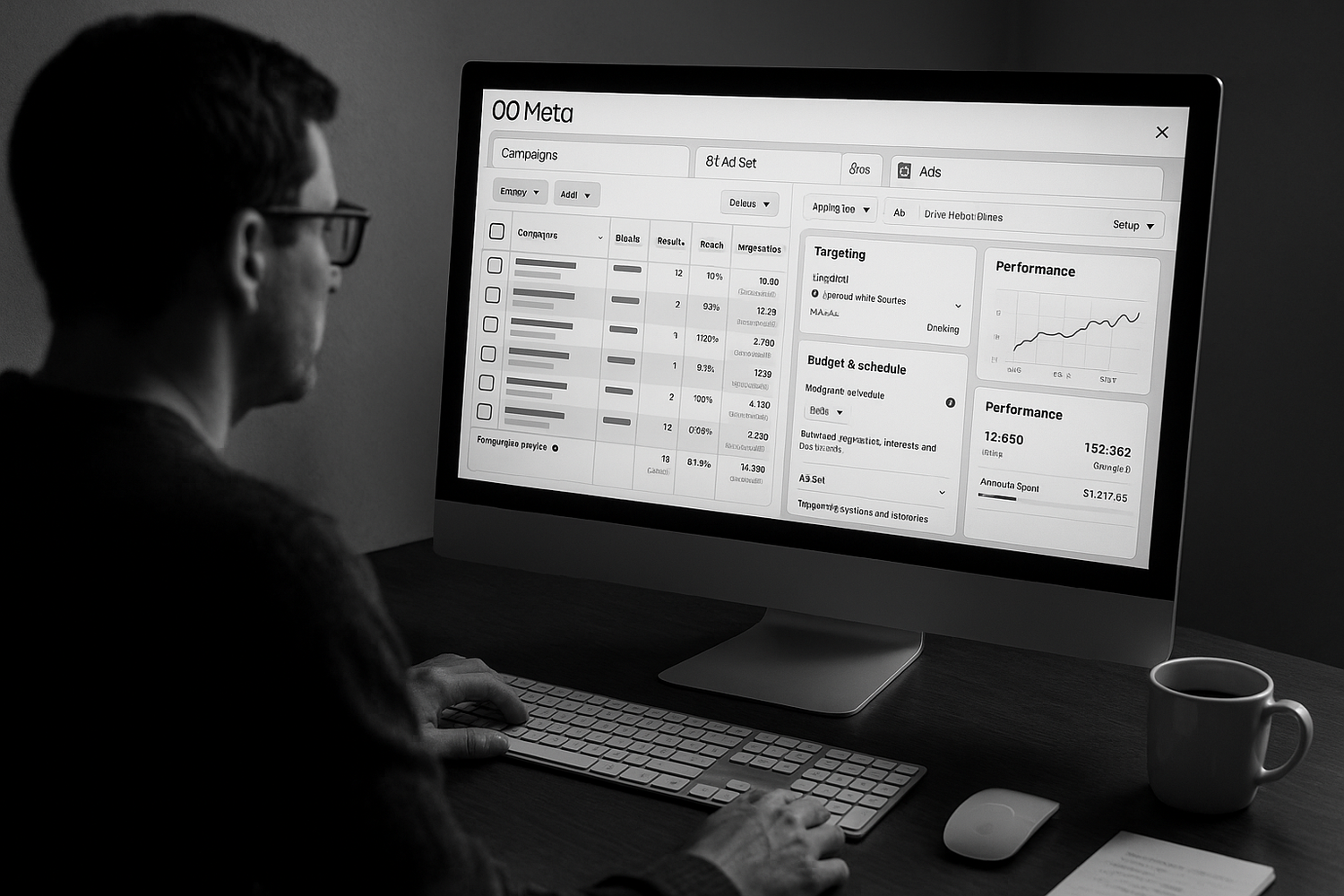 generate a black and white themem of showing mangagin meta ads campingn on computer 